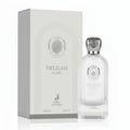 Maison Alhambra Delilah Blanc — White perfume box and frosted glass bottle with silver cap, featuring embossed crest and deer logo.