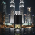 Maison Alhambra Encode By Maison Alhambra 100ml for Man — A clear glass perfume bottle with a textured black band and a silver cap, set against a blurred nighttime cityscape with illuminated skyscrapers.
