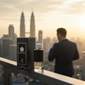 Maison Alhambra Encode By Maison Alhambra 100ml for Man — Black perfume box and bottle with gold accents, set against a city skyline at sunset with a man in a suit adjusting his tie.