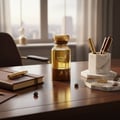 Maison Alhambra Eternal Touch by Maison Alhambra 80ml EDP — Gold-capped glass perfume bottle with brown base, on a wooden desk with a leather notebook, gold pen, and marble pen holder.