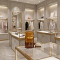 Maison Alhambra Eternal Touch by Maison Alhambra 80ml EDP — A golden perfume bottle with 'ETERNAL TOUCH' label and a deer logo, next to its ornate gold and brown cap, displayed on a marble surface in a luxury boutique setting with clothing racks and display cases in the background.