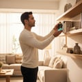 Maison Alhambra Ethnic Oud by Maison Alhambra 100ml EDP — Man holding a teal perfume bottle with a gold cap, standing in a well-lit living room with shelves of decor.