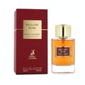 Maison Alhambra Exclusif Rose — A red box and a glass perfume bottle with gold accents and amber liquid, set against a white background.