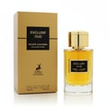 Maison Alhambra Exclusif Oud — Kotak emas dan botol minyak wangi kaca jernih dengan penutup emas, berisi cecair perang, diasingkan di latar belakang putih.