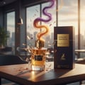 Maison Alhambra Exclusif Saffron — A golden-capped perfume bottle with a shattered glass effect, emitting colorful wisps of purple and orange smoke, next to its black box packaging, set on a wooden table with a blurred city view background.