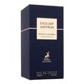 Maison Alhambra Exclusif Saffron — Dark blue perfume box with gold accents, featuring the brand logo and product name in gold lettering.