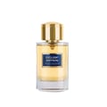 Maison Alhambra Exclusif Saffron — Clear glass perfume bottle with golden cap, showing golden liquid and a blue label with white text.