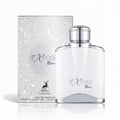 Maison Alhambra Expose Blanc 100ml EDP Men — White perfume bottle with silver accents and a silver patterned box, featuring a deer logo and text.