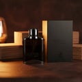Maison Alhambra Expose Intense by Maison Alhambra – 100 ml untuk Lelaki, botol minyak wangi kaca gelap bertudung hitam terletak di atas permukaan bertekstur bersebelahan kotak emas hitamnya yang timbul, dengan blok kayu dan lampu di latar belakang.