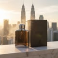 Maison Alhambra Expose Intense – Botol minyak wangi kaca perang dengan penutup perak, mengeluarkan asap, berdiri di sebelah kotak perang yang sepadan dengan latar belakang langit bandar yang kabur semasa matahari terbenam.