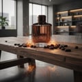 Maison Alhambra Expose Intense by Maison Alhambra – 100 ml untuk Lelaki, botol minyak wangi kaca perang dengan penutup gelap, dikelilingi biji kopi dan percikan api di atas meja kayu.