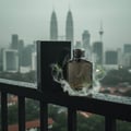 Maison Alhambra Expose Intense by Maison Alhambra – 100 ml untuk Lelaki, botol minyak wangi kaca gelap bertakung air, sebelah kotak hitamnya, dengan asap dan rumput hijau, berlatar belakang langit bandar hujan dengan pencakar langit.