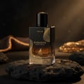 Maison Alhambra Exquisite Prive Maison Alhambra 100 ml EDP Men — Black bottle with gold accents and deer logo, resting on a dark textured rock, with blurred gold fabric and bokeh lights in the background.