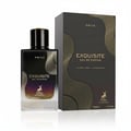 Maison Alhambra Exquisite Prive Eau de Parfum — Black bottle with gold accents and a gradient of purple to clear liquid, next to its matching black and gold patterned box.
