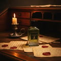 Maison Alhambra Extravagant Lover by Maison Alhambra – 100 ml, a glass perfume bottle with green liquid sits on a wooden desk with old letters and a lit candle.