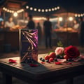 Maison Alhambra Extravagant Lover — Perfume box with gold and pink swirls, set on a wooden table with roses, strawberries, blueberries, and rose petals.