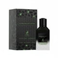 Maison Alhambra Extravagant Lover – A dark green glass perfume bottle with a black cap, partially obscured by its matching patterned box, set against a white background.