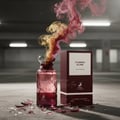 Maison Alhambra Flaming Elixir — Cracked glass perfume bottle with pink and gold smoke erupting, next to its maroon box, on a concrete surface.