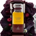 Maison Alhambra Flaming Elixir — Yellow and burgundy perfume bottle with a silver cap, surrounded by dark purple fabric and red berries.