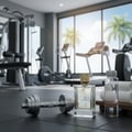 Maison Alhambra Flower Addiction by Maison Alhambra for Him 100ml — Perfume bottle and dumbbell on gym floor with treadmills and palm trees in background