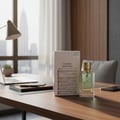 Maison Alhambra Flower Addiction by Maison Alhambra for Him 100ml — Perfume bottle with gold cap and white box on a wooden desk, laptop and plant in background