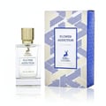 Maison Alhambra Flower Addiction by Maison Alhambra for Him 100ml — Clear glass perfume bottle with gold cap and white label, next to its blue and gold geometric patterned box.