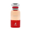 Maison Alhambra Forbidden Love by Maison Alhambra 80ml EDP Women — Botol minyak wangi kaca jernih dengan cecair gradien pic ke merah, penutup berjalur perak dan merah, serta logo jenama di tapak.