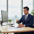 Maison Alhambra Fortnight by Maison Alhambra 100ml EDP Men — Man in a suit opening a small amber bottle at a desk with a computer and city view.