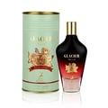 Maison Alhambra Glacier Bella EDP — Green cylindrical box with gold rose motif next to a gradient red-to-clear glass perfume bottle with gold cap and rose emblem.