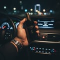 Maison Alhambra Glacier Le Noir by Maison Alhambra 100ml Men — Hand holding a black perfume bottle with a gold cap inside a car at night, dashboard and lights visible.