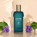 Maison Alhambra Glacier Pour Homme — Teal bottle with gold cap, flanked by purple flowers and green leaves, with soft shadow background.