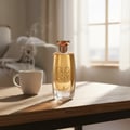 Maison Alhambra Glossy By Maison Alhambra 100ml Women EDP — A tall, clear glass perfume bottle with golden liquid, labeled 'GLOSSY', sits on a wooden table next to a steaming white mug. Soft light streams from a window in the background.