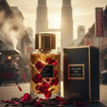 Maison Alhambra Exclusif Oud by Maison Alhambra 100 ml Unisex — Botol minyak wangi kaca jernih bertutup emas, berisi cecair keemasan dan kelopak mawar merah di dalamnya, berdiri di sebelah kotak hitam emasnya di jalan dengan bangunan dan asap di latar belakang. Kelopak mawar dan serpihan kayu oud bertaburan di atas
