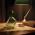 Maison Alhambra Luxe Bold by Maison Alhambra – 100 ml Unisex, a geometric green glass perfume bottle with a green cap, placed on a vintage map next to a brass compass and a leather-bound book, illuminated by a green banker's lamp.
