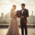 Maison Alhambra Luxe Street by Maison Alhambra – 100 ml Unisex — A man in a tuxedo presents a gift box containing a perfume bottle to a woman in an elegant gown, with confetti falling and a city skyline in the background.