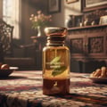 Maison Alhambra Mysterious Amber Eau de Parfum — Amber glass perfume bottle with gold cap, featuring green leaves inside, set on a patterned rug with blurred background of a room.