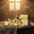 Maison Alhambra Zeno by Maison Alhambra – 100 ml for Women, a perfume bottle with apple slices and water splashes, next to its gold box, on a patterned cloth.
