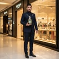 Maison Alhambra Hercules by Maison Alhambra For Him 100ml — Man in a dark suit holding a large, ornate perfume bottle with a gold cap and intricate detailing, standing in a mall with shops in the background.
