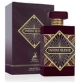 Maison Alhambra Infini Elixir — A maroon perfume bottle and its matching box, both featuring a gold geometric art deco design and the text "INFINI ELIX".