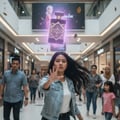 Maison Alhambra Infini Elixir Maison Alhambra 100ml EDP Men — A woman in a denim jacket reaches out towards a floating, glowing purple perfume bottle in a shopping mall.