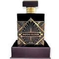 Maison Alhambra Infini Elixir — Black and gold art deco style perfume bottle with a gold cap, presented on a dark purple rectangular base.