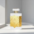 Maison Alhambra Infini Musk – White rectangular bottle with ornate gold geometric detailing and cap, set against a minimalist white background with dramatic shadows.