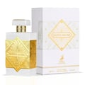 Maison Alhambra Infini Musk – White perfume bottle with gold geometric accents and a matching white box with gold geometric design and deer logo.