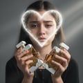 Maison Alhambra Infini Musk – Woman crying, holding two broken perfume bottles with gold accents, sparkling heart above her head