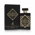 Maison Alhambra Infini Oud by Maison Alhambra Man 100ml EDP — Black box and bottle with gold geometric art deco design, gold cap, deer logo, and text details.
