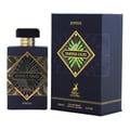 Maison Alhambra Infini Oud Joyous – Dark blue perfume bottle with gold geometric accents and a matching dark blue box with gold and green diamond design, 100ml