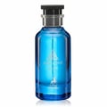 Maison Alhambra Jean Lowe Azure EDP 100 ml — A blue glass perfume bottle with a black cap and silver accents, featuring a silver tree and deer emblem on the front.