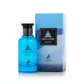 Maison Alhambra Jean Lowe Azure — Blue glass perfume bottle with black cap next to its light blue and white gradient box, featuring a deer logo and text.