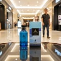Maison Alhambra Jean Lowe Azure by Maison Alhambra EDP 100 ml — Blue glass perfume bottle and its light blue box with gold accents, displayed on a reflective glass table in a shopping mall corridor.