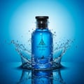 Maison Alhambra Jean Lowe Azure — Blue glass perfume bottle splashing in water against a bright blue gradient background